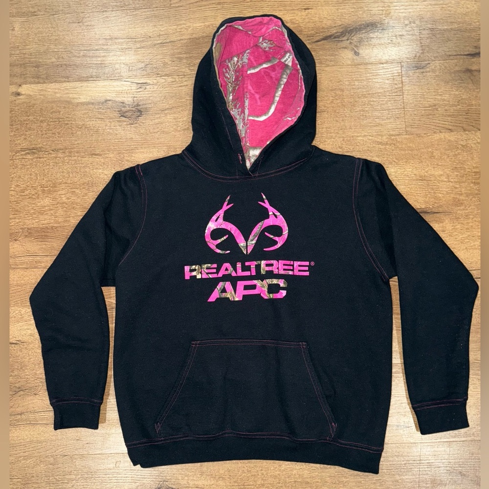 Realtree APC Pullover Hoodie Black with Pink Camouflage Size: Medium